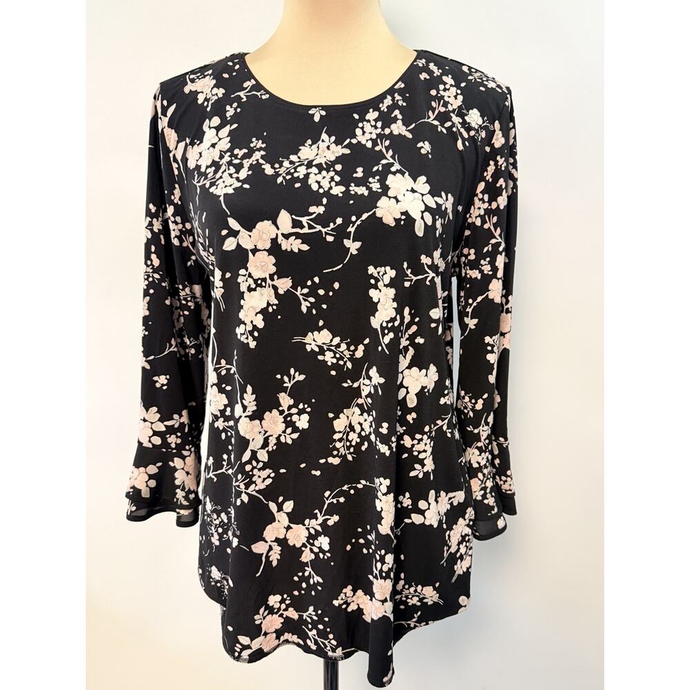 Karl Lagerfeld Paris Yessie Floral Ruffle Sleeve Top Black Pink Medium‎ Stretch